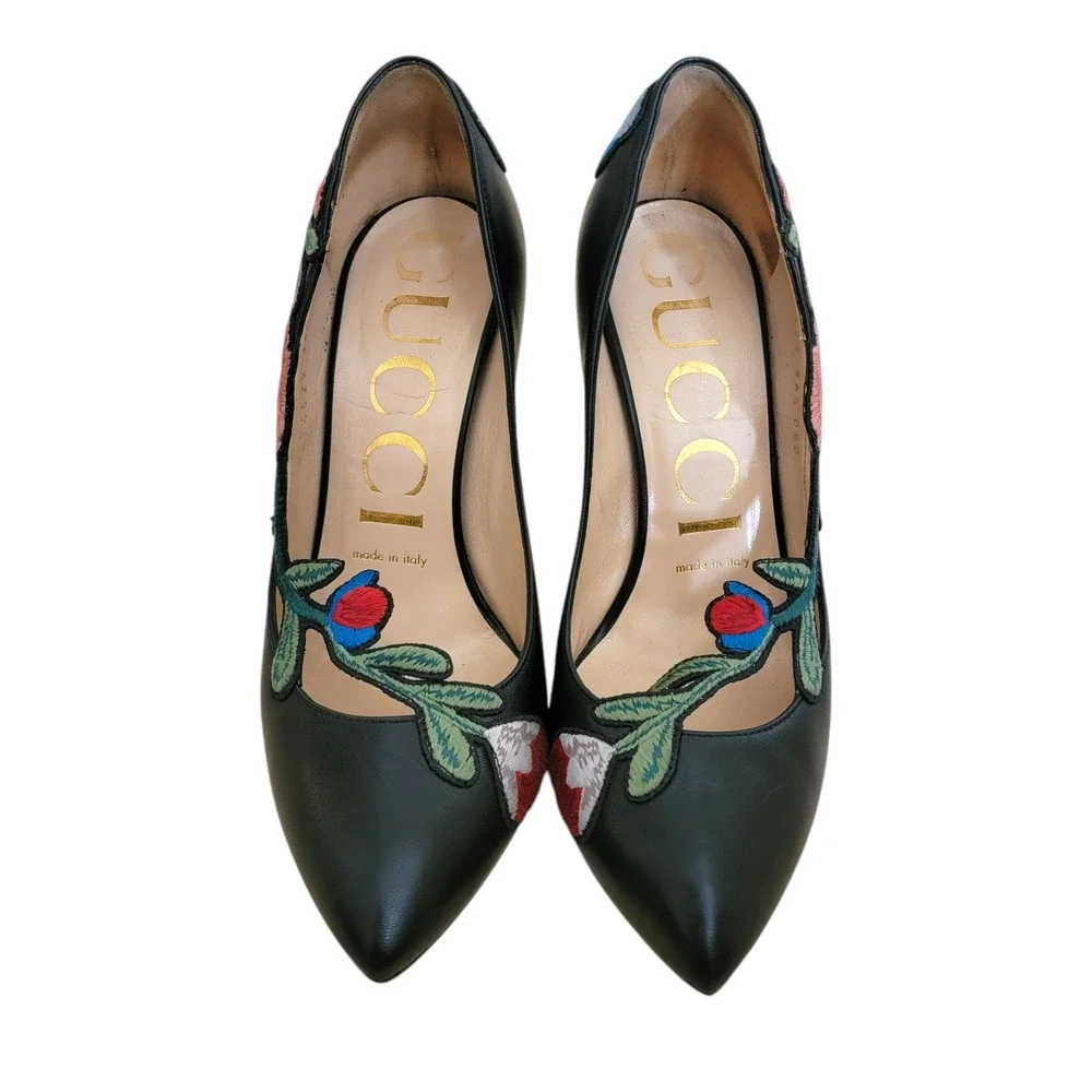 Gucci Floral Ophelia Black Leather Heels Embroidered Pointed Toe Pumps 36.5 6.5